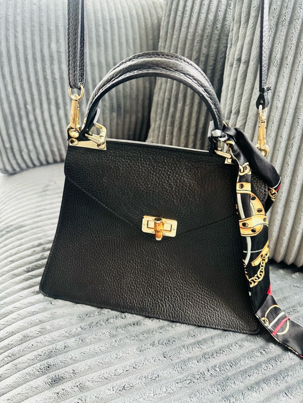 Black Leather Top-Handle Women's Bag with Gold Hardware